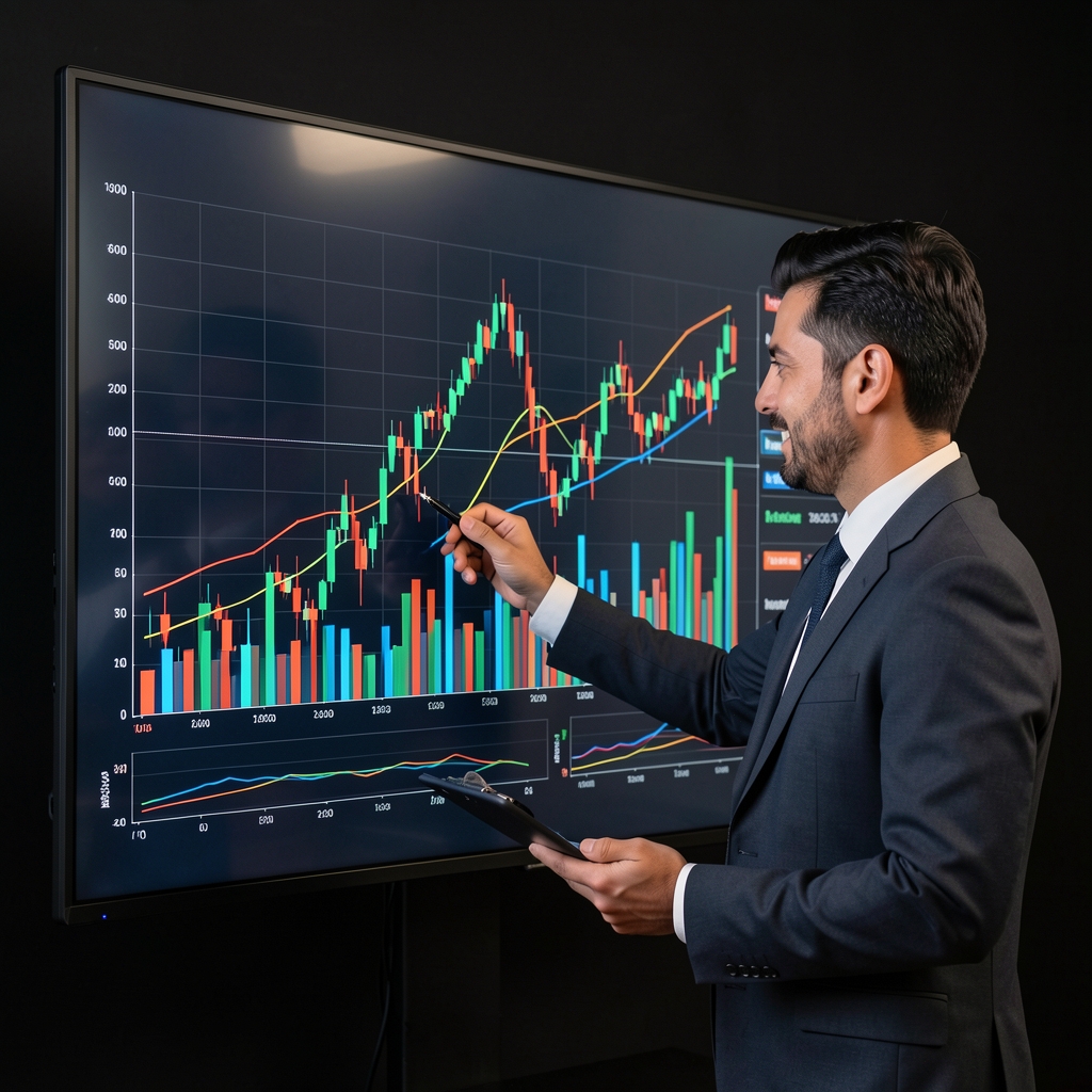 Analista financiero argentino revisando gráficos de ratios financieros en pantalla grande con múltiples indicadores de barras y líneas de tendencia sobre fondo oscuro