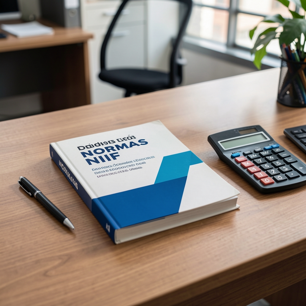 Libro de normas NIIF en español sobre escritorio con bolígrafo y calculadora financiera, iluminación de oficina profesional argentina