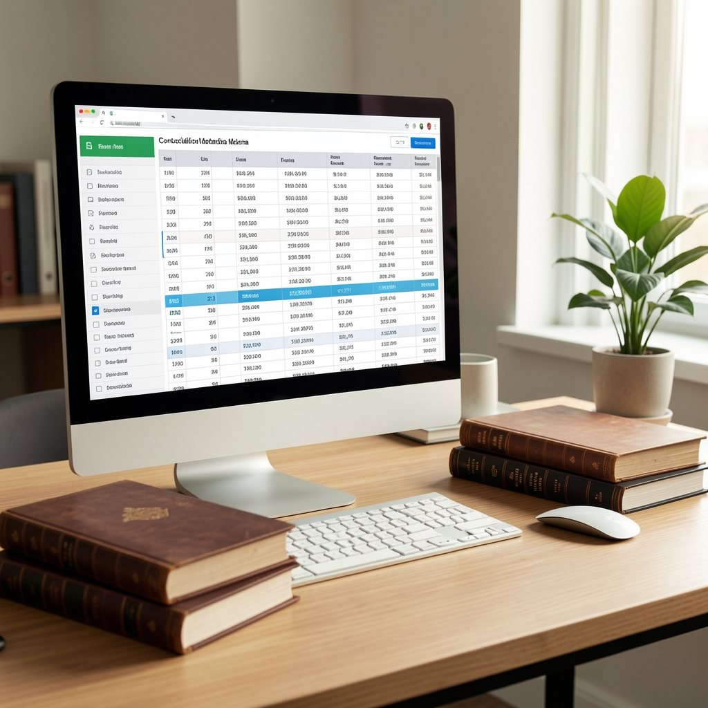 Concepto de contabilidad moderna con tablas de datos digitales en pantalla de ordenador y libros contables tradicionales sobre escritorio