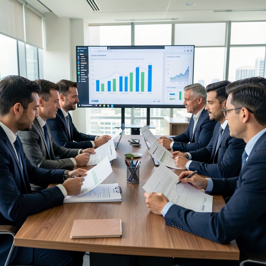 Equipo de contadores profesionales reunidos alrededor de una mesa de conferencias revisando informes financieros impresos y pantallas con gráficos