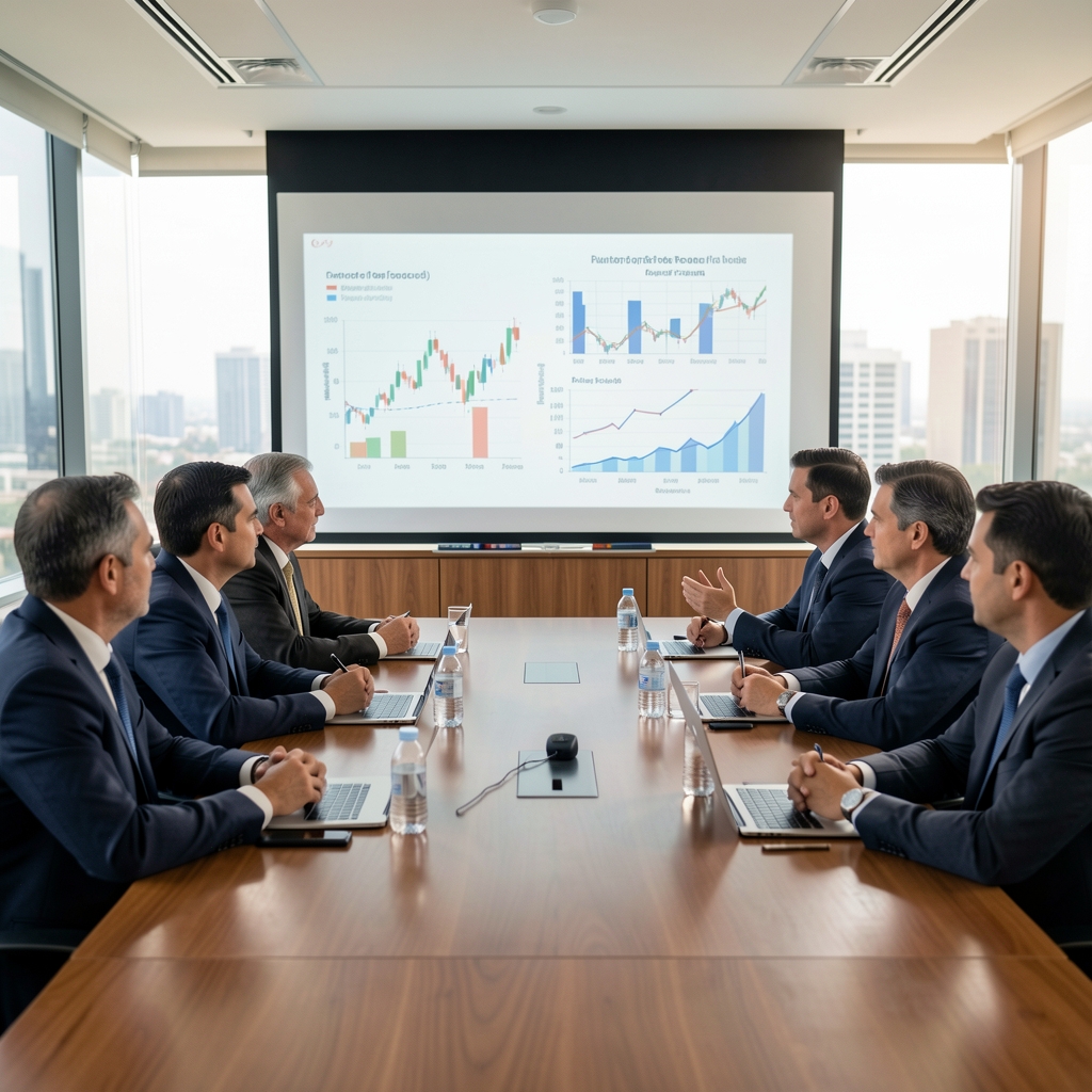 Reunión de directivos financieros en sala de conferencias con pizarrón de proyecciones económicas y gráficos de flujo de fondos, ambiente corporativo profesional en Argentina
