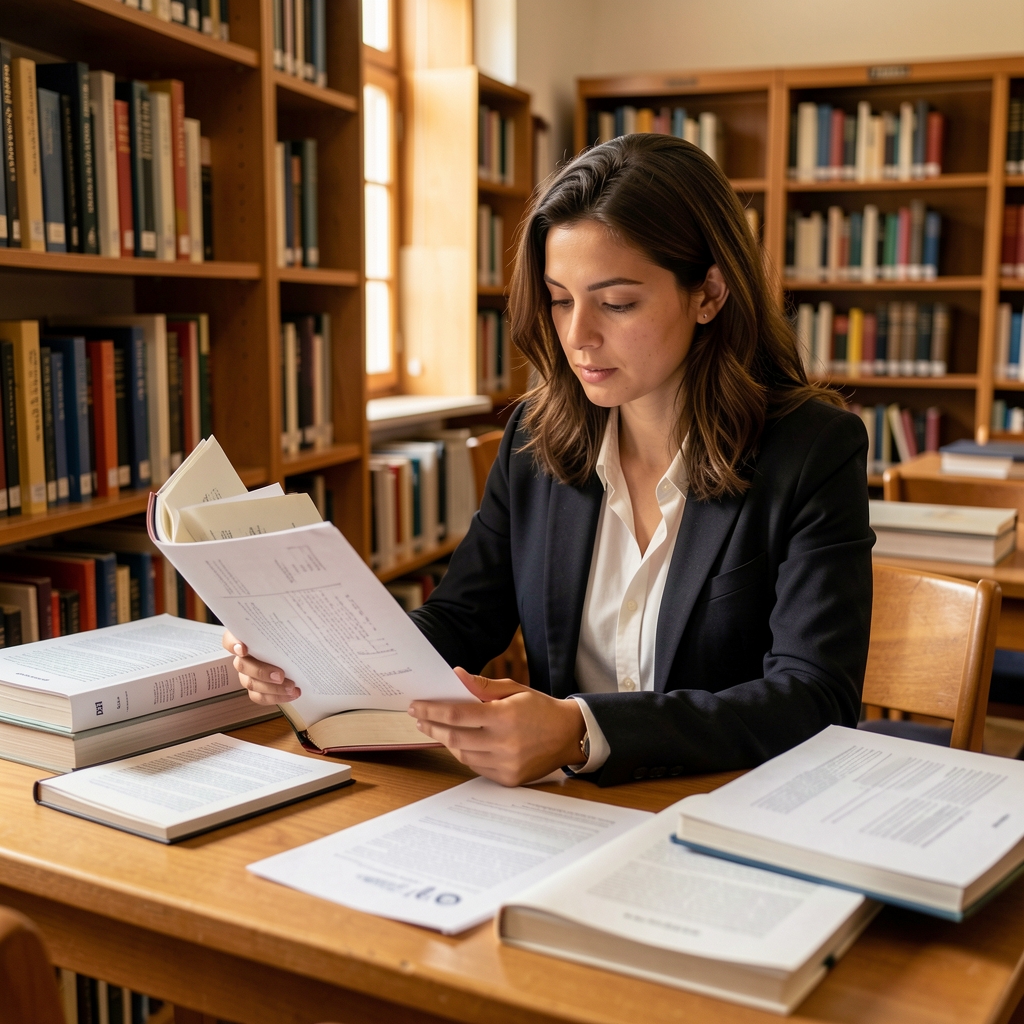 Investigadora contable analizando normas internacionales en libros técnicos y documentos en una biblioteca universitaria con luz cálida