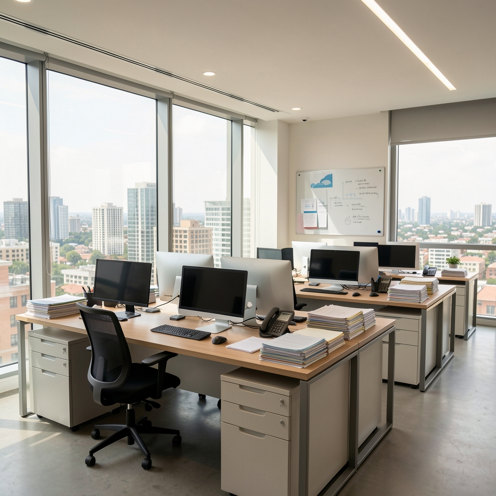 Oficina moderna de Versant en Buenos Aires con vista a la ciudad, escritorios organizados con computadoras y material contable, luz natural entrando por ventanales amplios